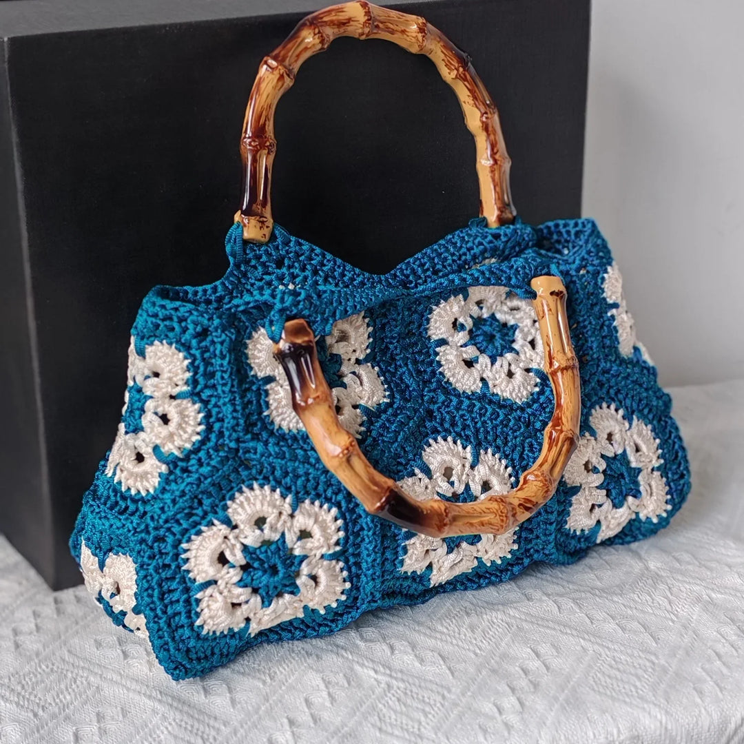 Women's Handbag with Floral Crochet | Bamboo Handle