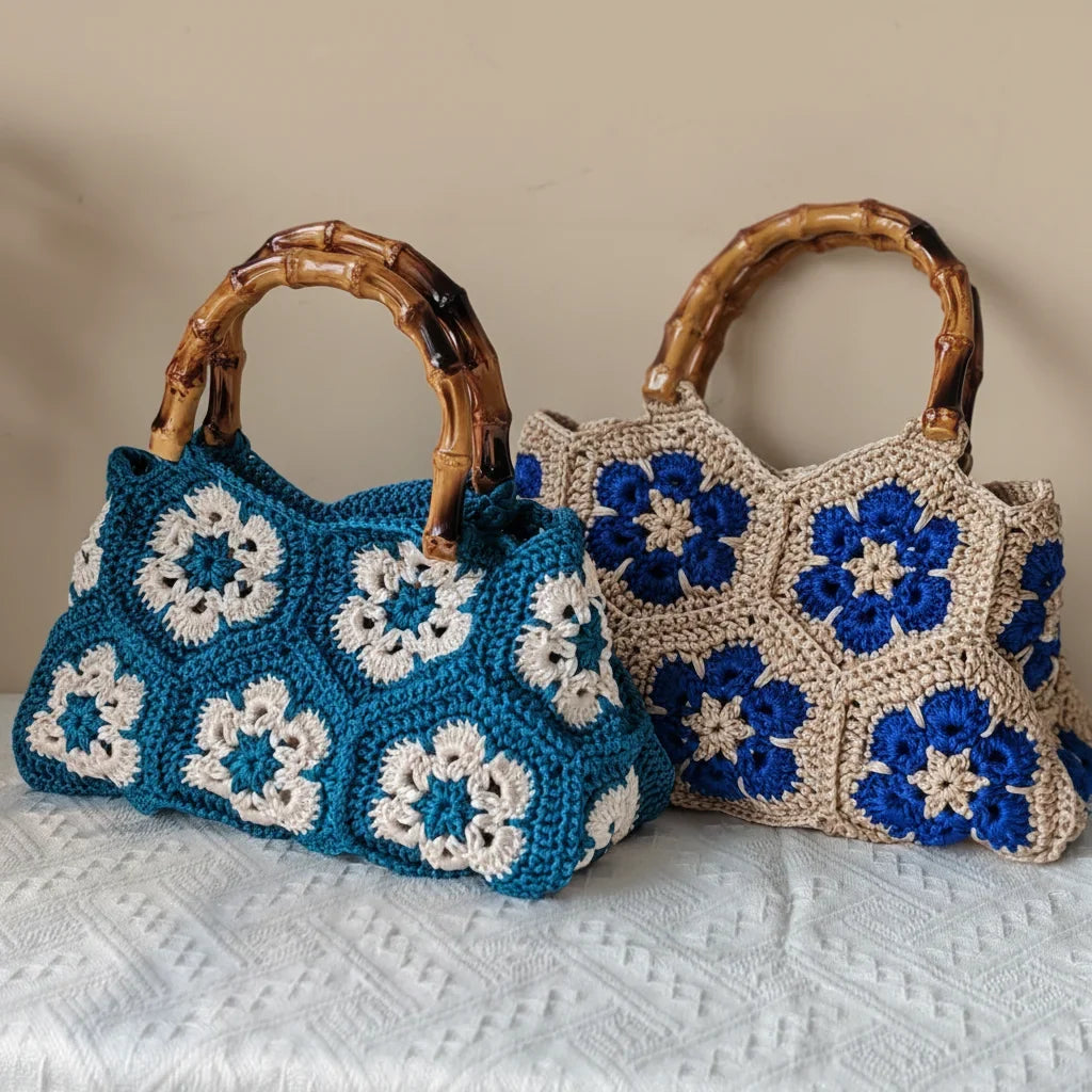 Women's Handbag with Floral Crochet | Bamboo Handle