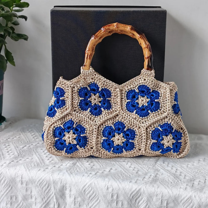 Women's Handbag with Floral Crochet | Bamboo Handle