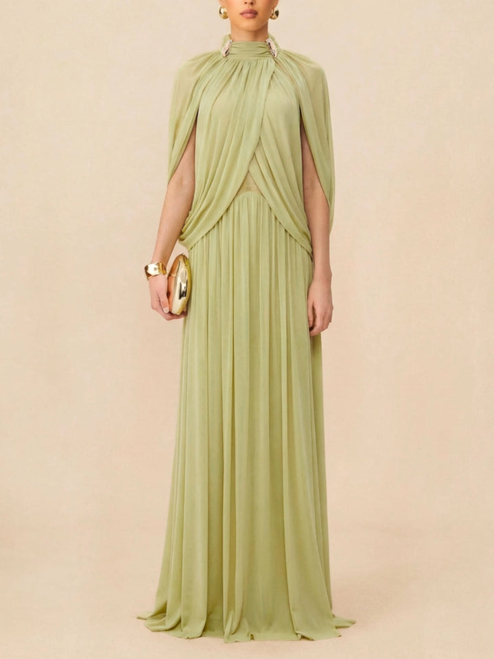 Women's High Neck Formal Dress with Cape Sleeve | Maxi
