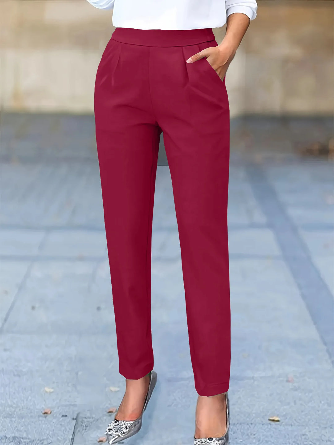 Women's High Waist Work Pants with Pleats & Pockets | Tapered