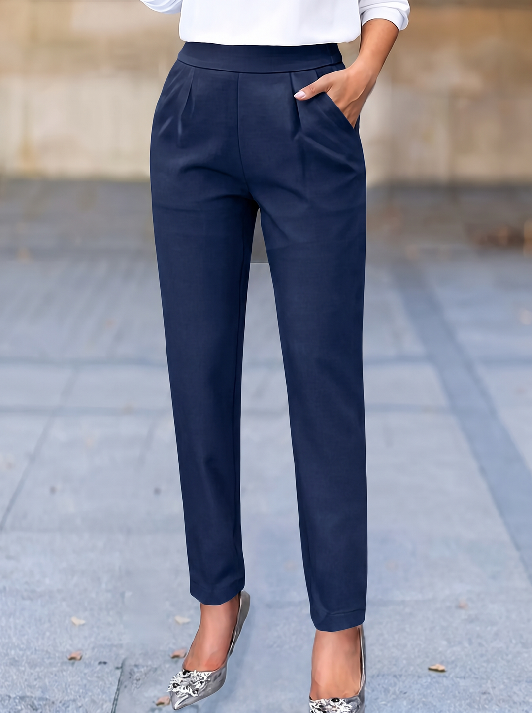 Women's High Waist Work Pants with Pleats & Pockets | Tapered