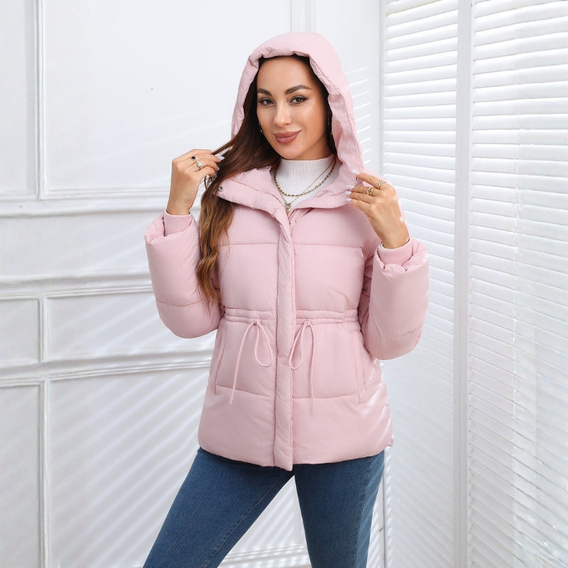 Women's Hooded Puffer Jacket with Drawstring Waist | Quilted