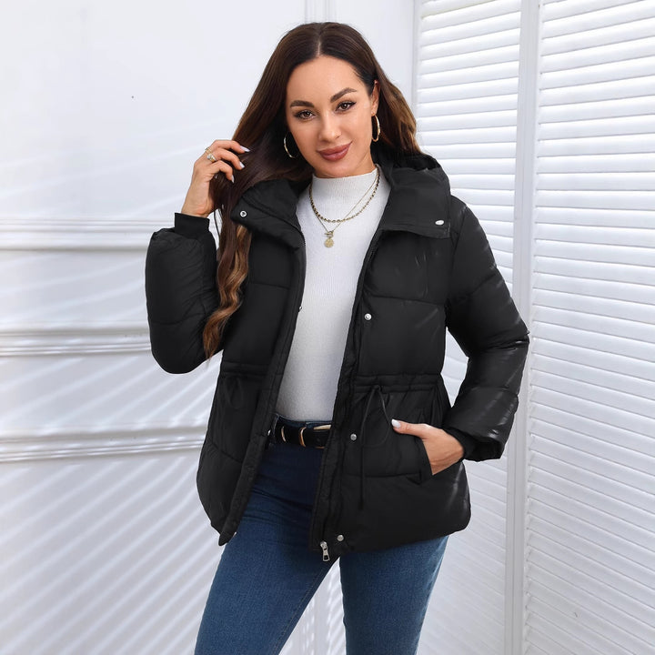 Women's Hooded Puffer Jacket with Drawstring Waist | Quilted