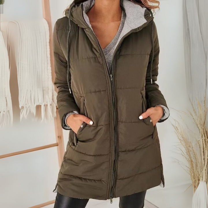 Women's Hooded Puffer Jacket with Zip Front & Pockets | Long