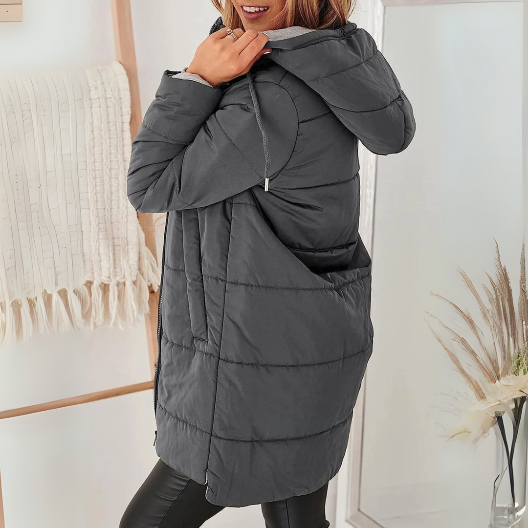 Women's Hooded Puffer Jacket with Zip Front & Pockets | Long