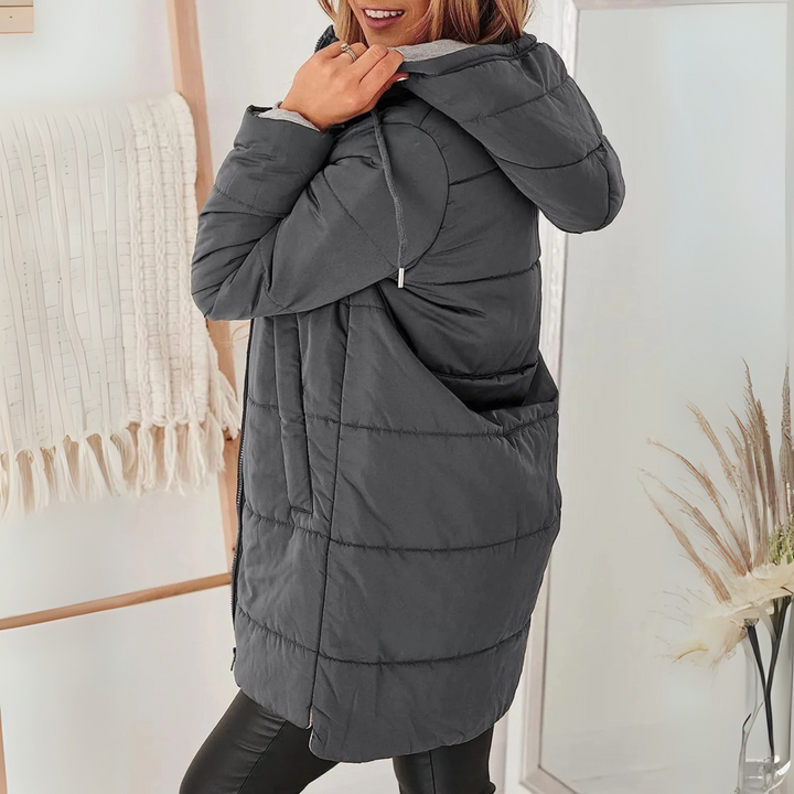 Women's Hooded Puffer Jacket with Zip Front & Pockets | Long