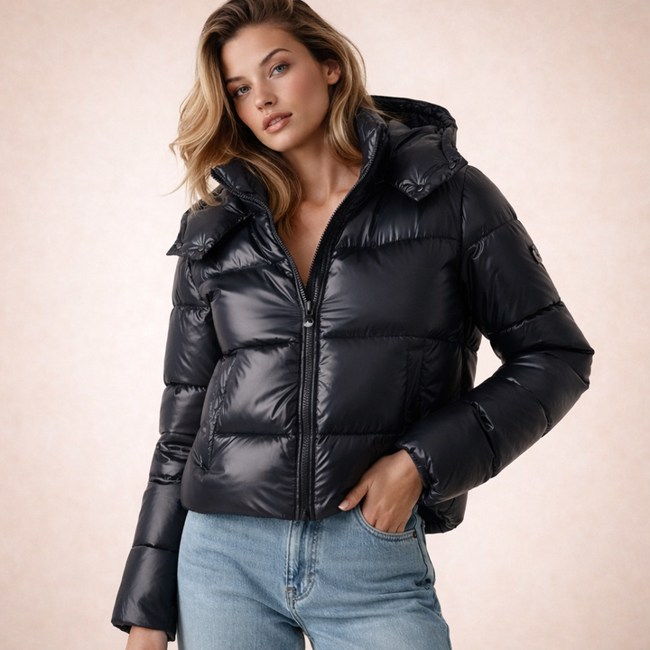 Women's Hooded Puffer Jacket with Zip Front & Quilted | Cropped