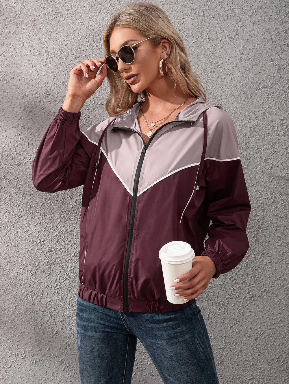 Women's Hooded Rain Jacket with Colour Block & Zip Up | Drawstring