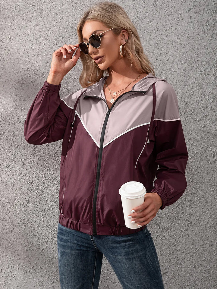 Women's Hooded Rain Jacket with Colour Block & Zip Up | Drawstring