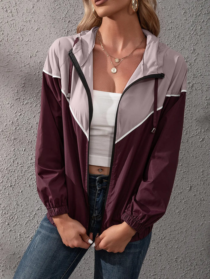 Women's Hooded Rain Jacket with Colour Block & Zip Up | Drawstring