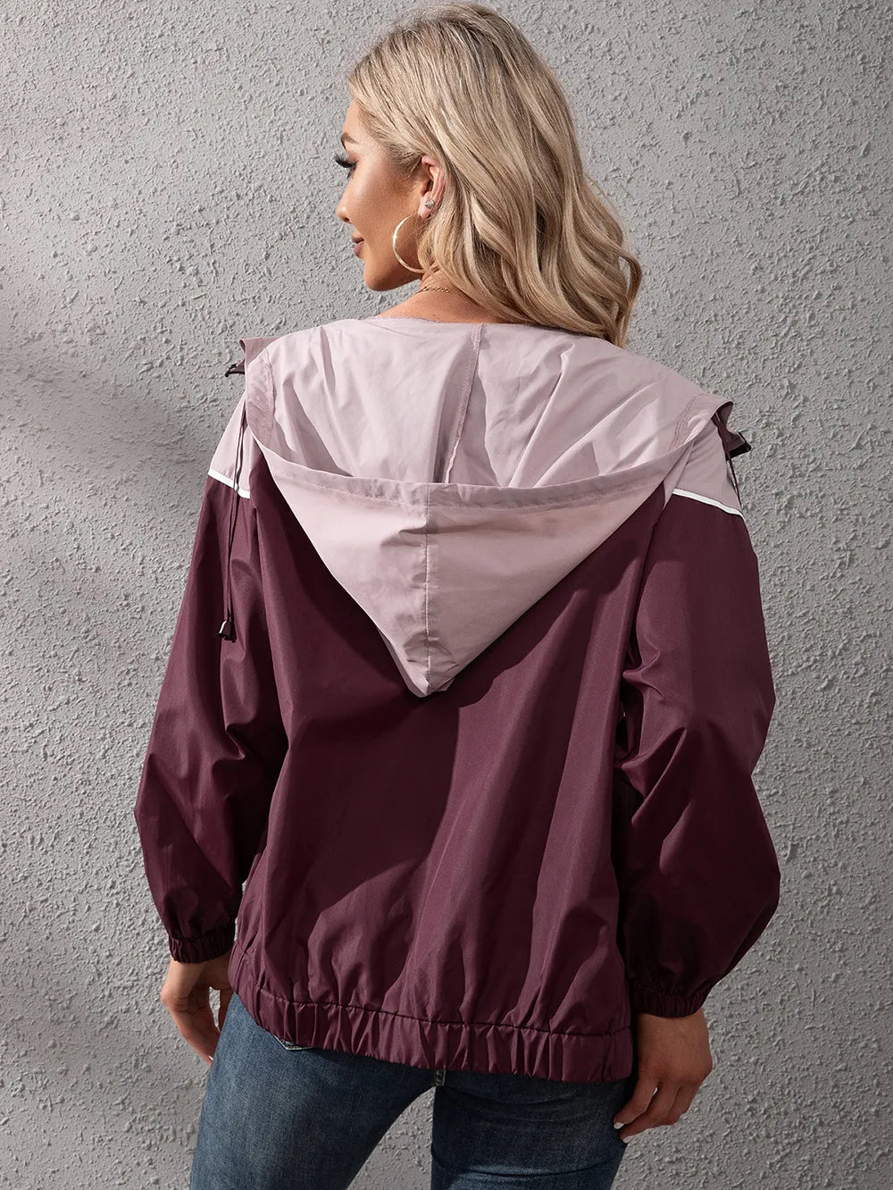Women's Hooded Rain Jacket with Colour Block & Zip Up | Drawstring