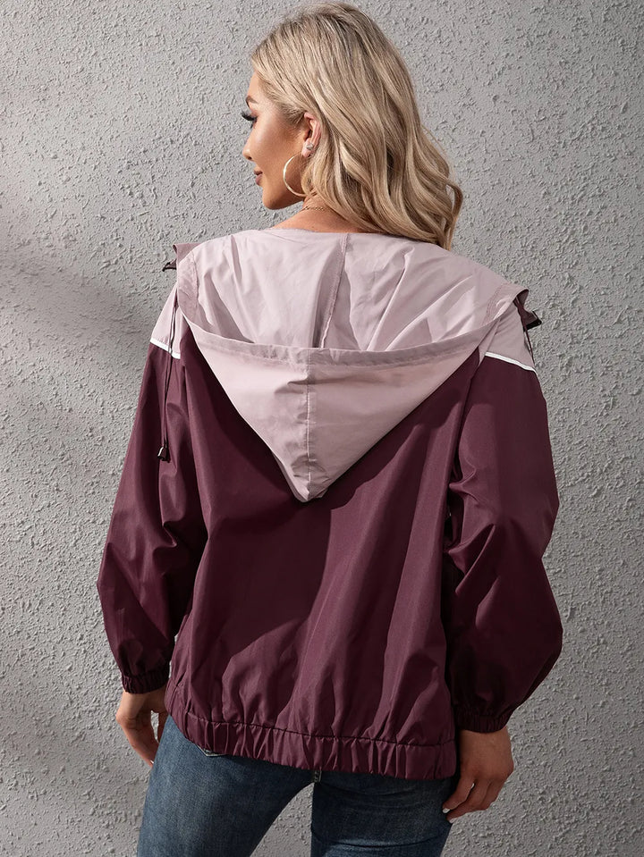 Women's Hooded Rain Jacket with Colour Block & Zip Up | Drawstring