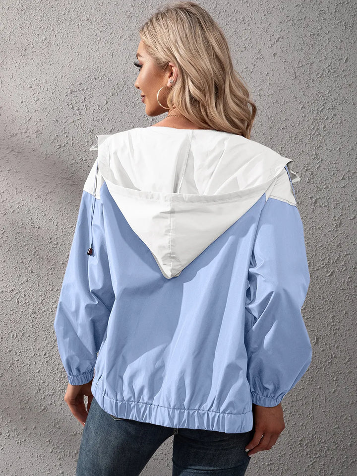 Women's Hooded Rain Jacket with Colour Block & Zip Up | Drawstring