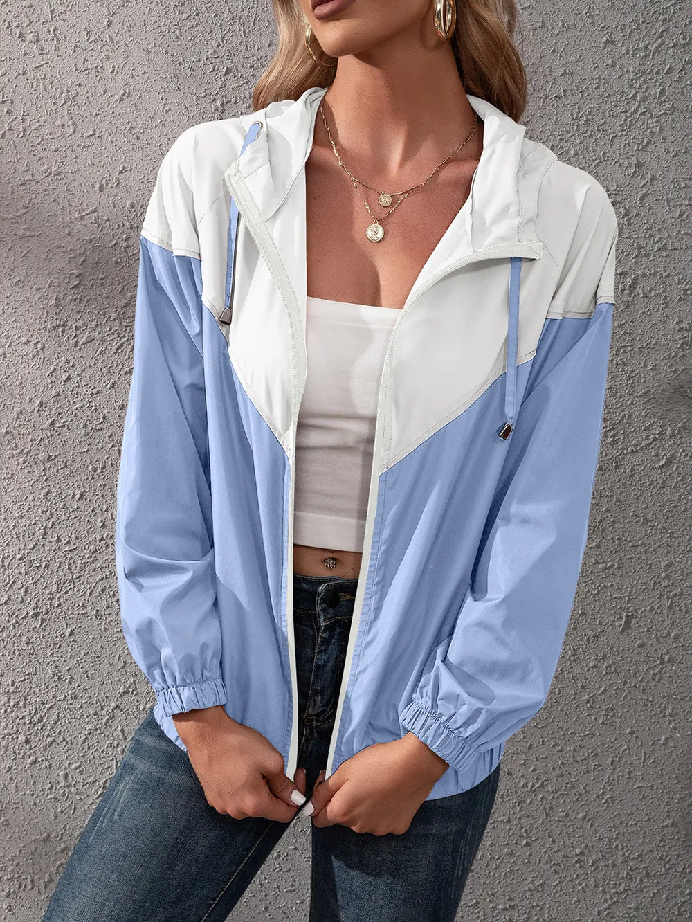 Women's Hooded Rain Jacket with Colour Block & Zip Up | Drawstring
