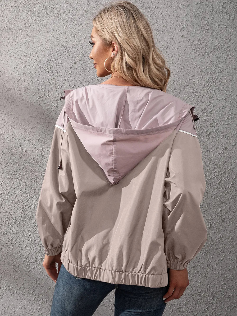Women's Hooded Rain Jacket with Colour Block & Zip Up | Drawstring