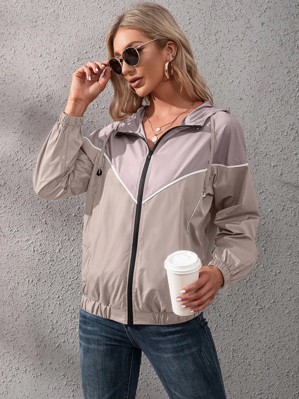 Women's Hooded Rain Jacket with Colour Block & Zip Up | Drawstring