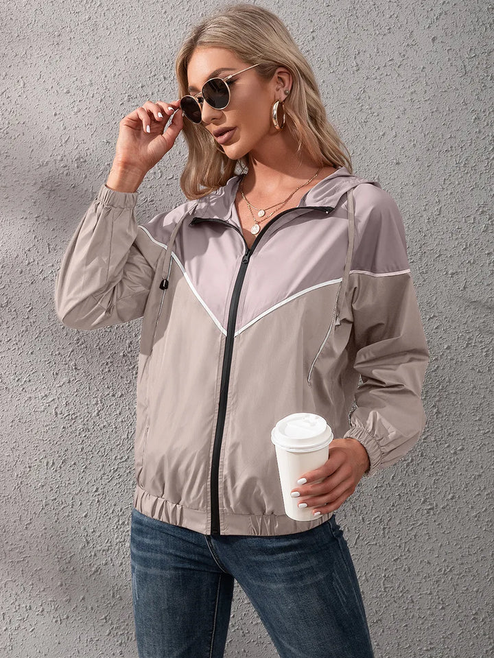 Women's Hooded Rain Jacket with Colour Block & Zip Up | Drawstring