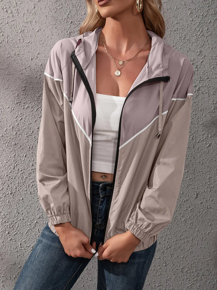 Women's Hooded Rain Jacket with Colour Block & Zip Up | Drawstring