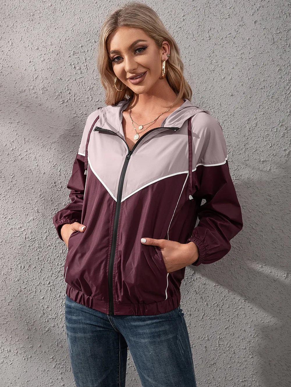 Women's Hooded Rain Jacket with Colour Block & Zip Up | Drawstring