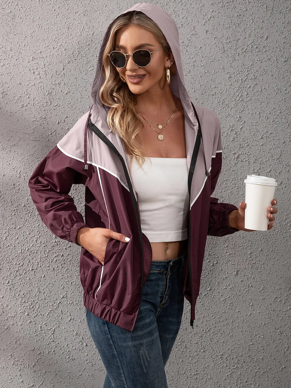 Women's Hooded Rain Jacket with Colour Block & Zip Up | Drawstring
