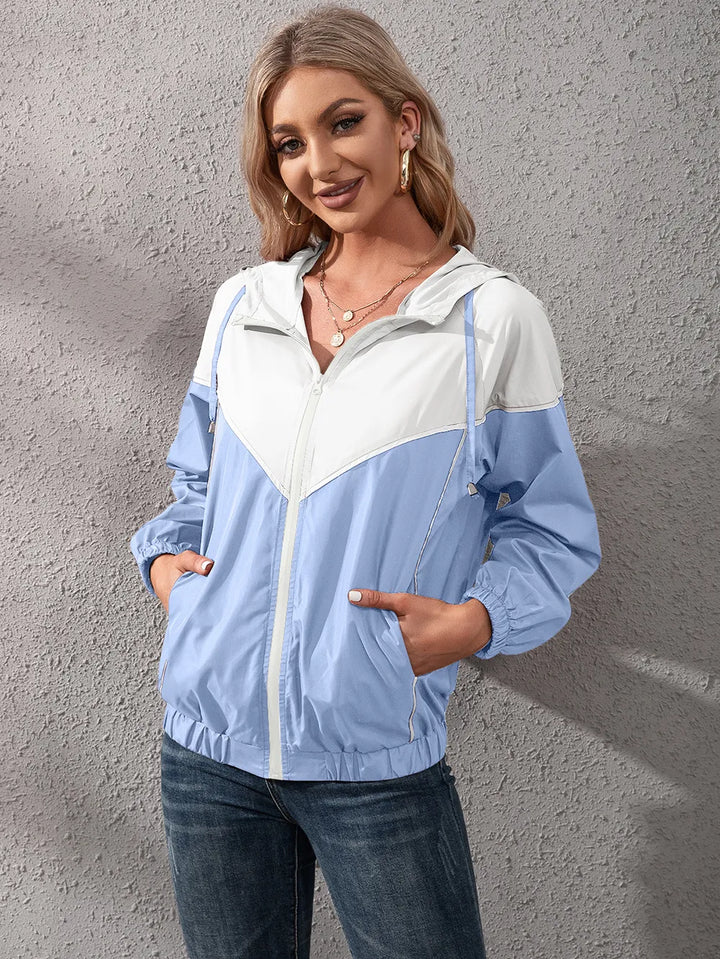 Women's Hooded Rain Jacket with Colour Block & Zip Up | Drawstring