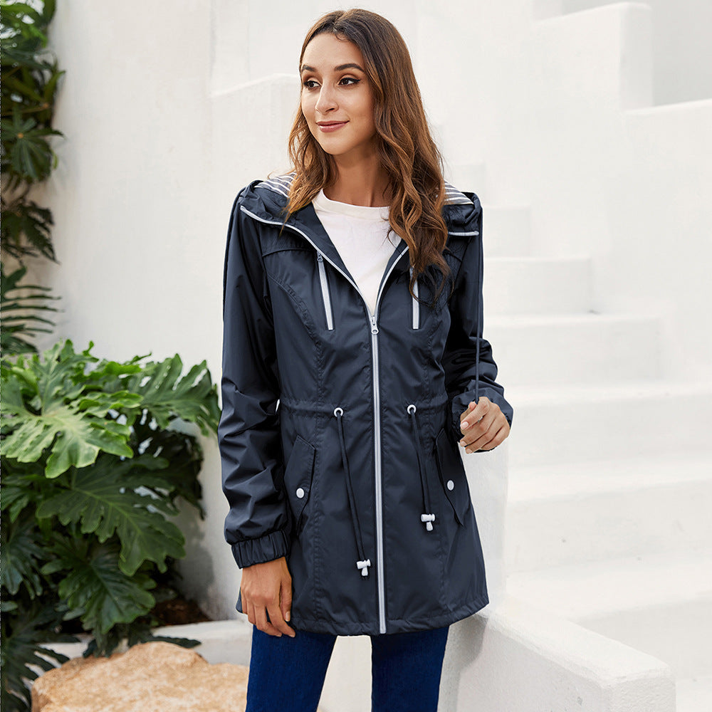 Women's Hooded Rain Jacket with Drawstring | Long