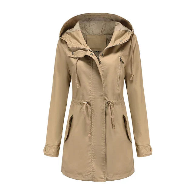 Women's Hooded Rain Jacket with Drawstring Waist & Zip Front | Long