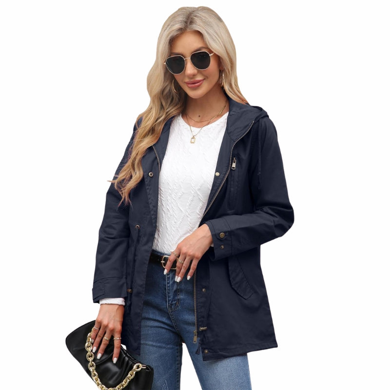 Women's Hooded Rain Jacket with Drawstring Waist & Zip Front | Long