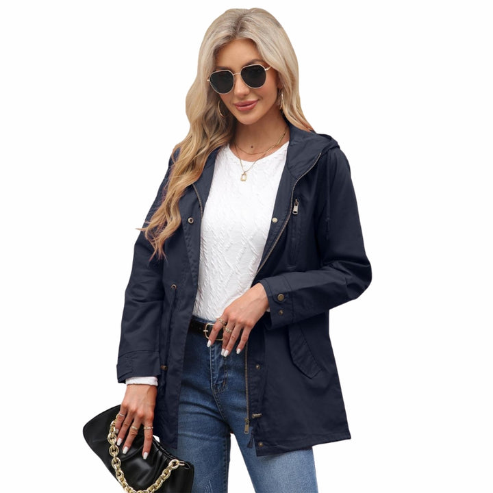 Women's Hooded Rain Jacket with Drawstring Waist & Zip Front | Long