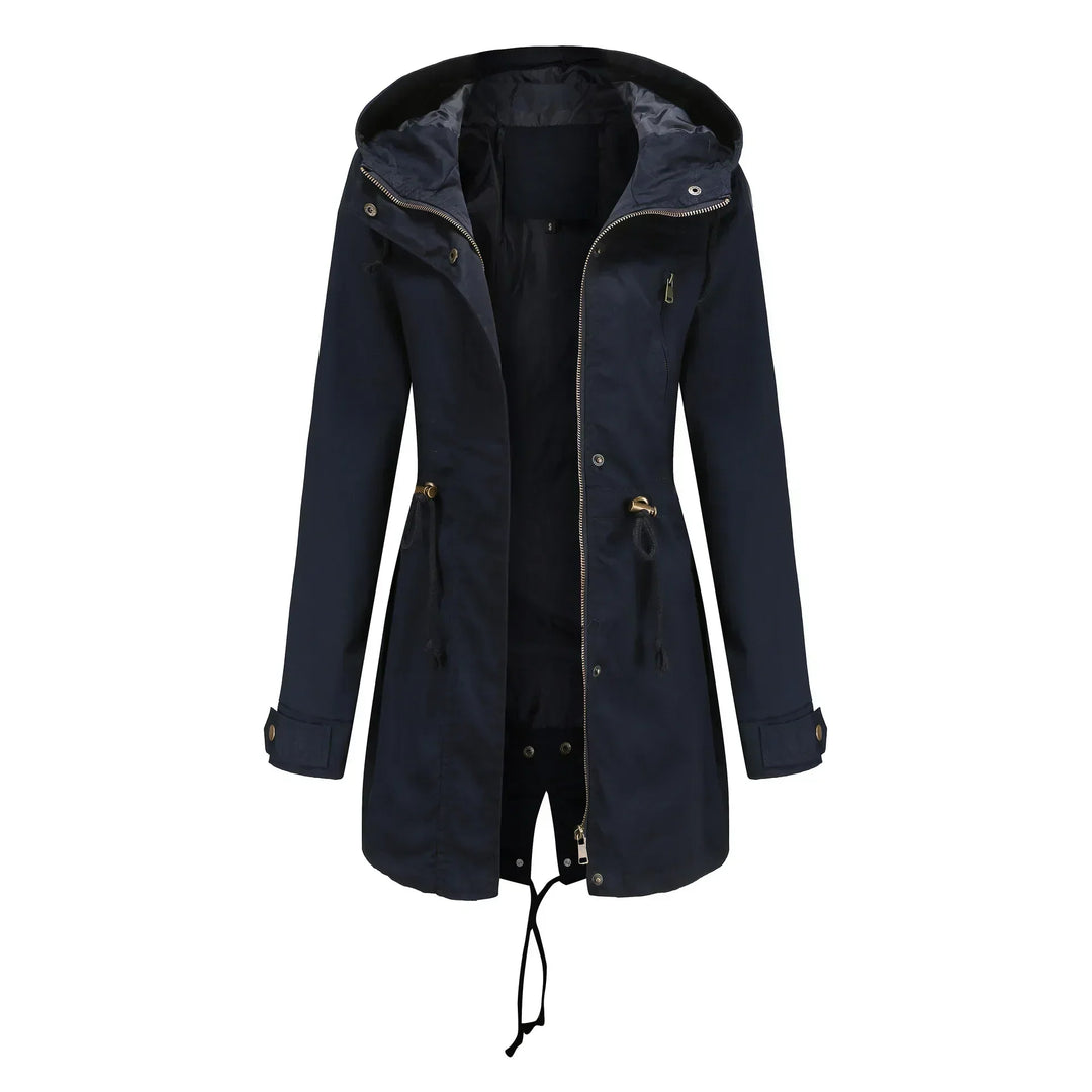 Women's Hooded Rain Jacket with Drawstring Waist & Zip Front | Long