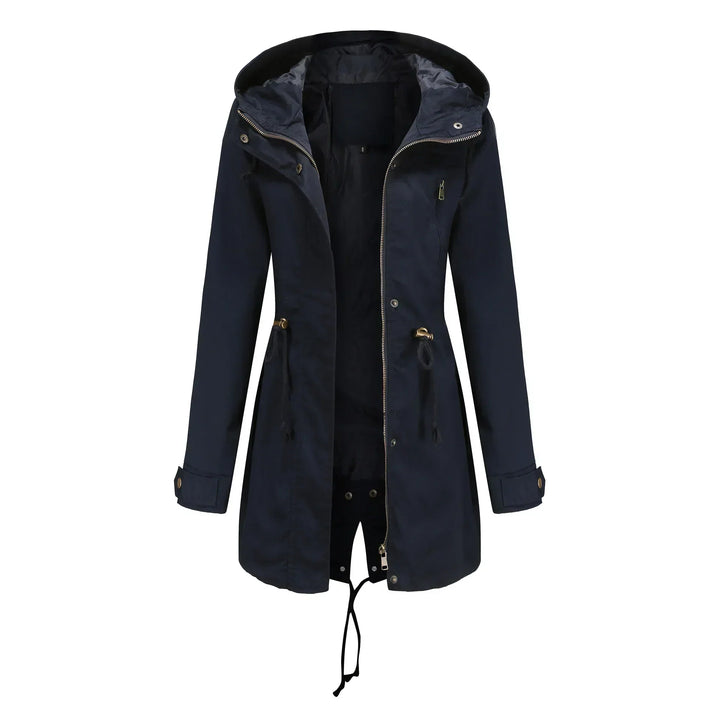 Women's Hooded Rain Jacket with Drawstring Waist & Zip Front | Long