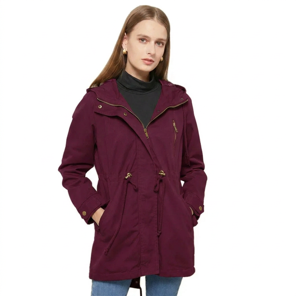 Women's Hooded Rain Jacket with Drawstring Waist & Zip Front | Long