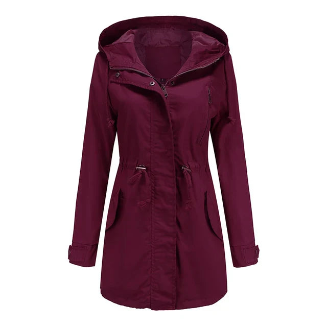 Women's Hooded Rain Jacket with Drawstring Waist & Zip Front | Long