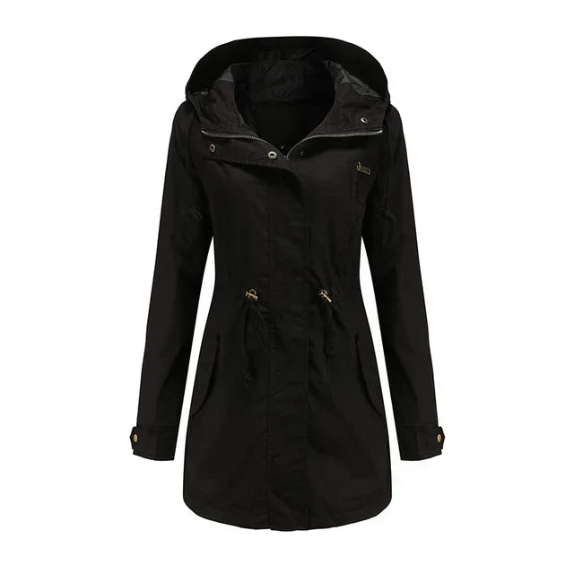 Women's Hooded Rain Jacket with Drawstring Waist & Zip Front | Long