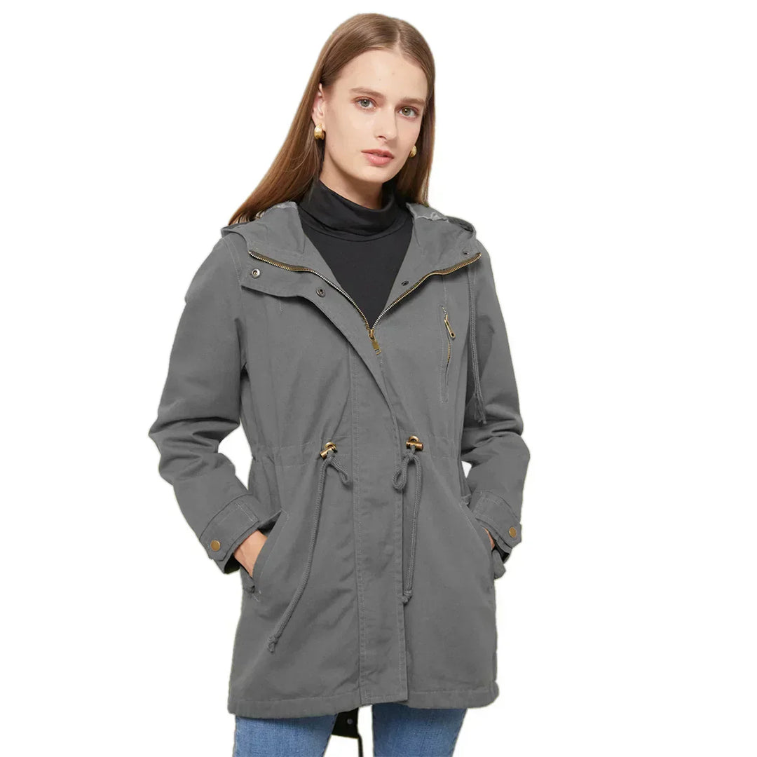 Women's Hooded Rain Jacket with Drawstring Waist & Zip Front | Long