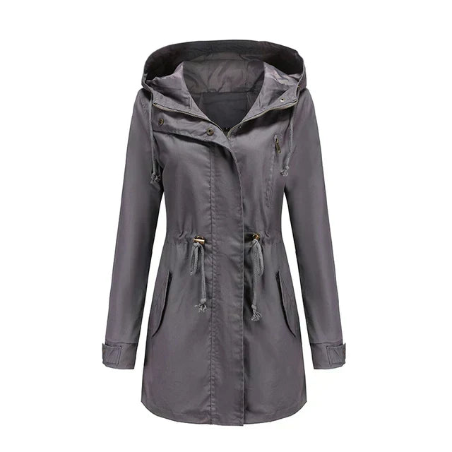 Women's Hooded Rain Jacket with Drawstring Waist & Zip Front | Long