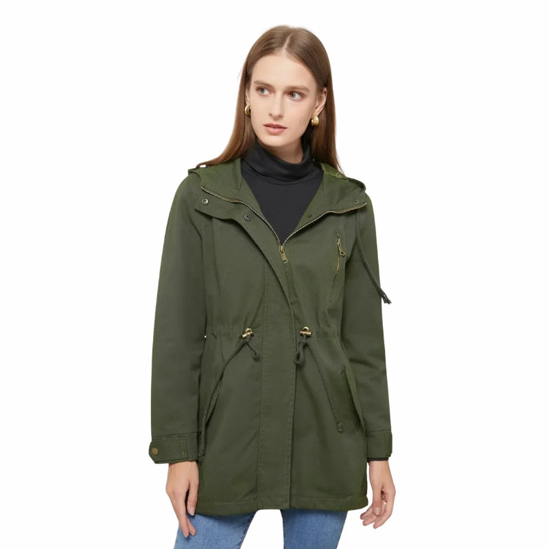 Women's Hooded Rain Jacket with Drawstring Waist & Zip Front | Long