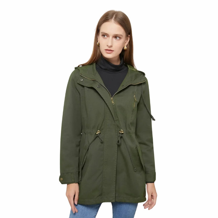 Women's Hooded Rain Jacket with Drawstring Waist & Zip Front | Long