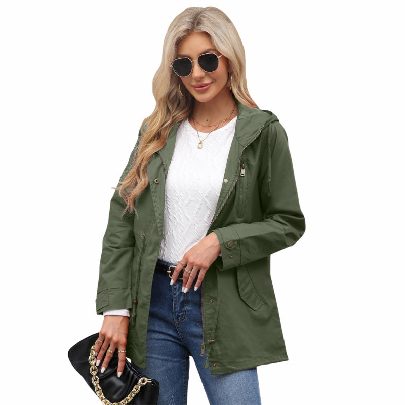 Women's Hooded Rain Jacket with Drawstring Waist & Zip Front | Long