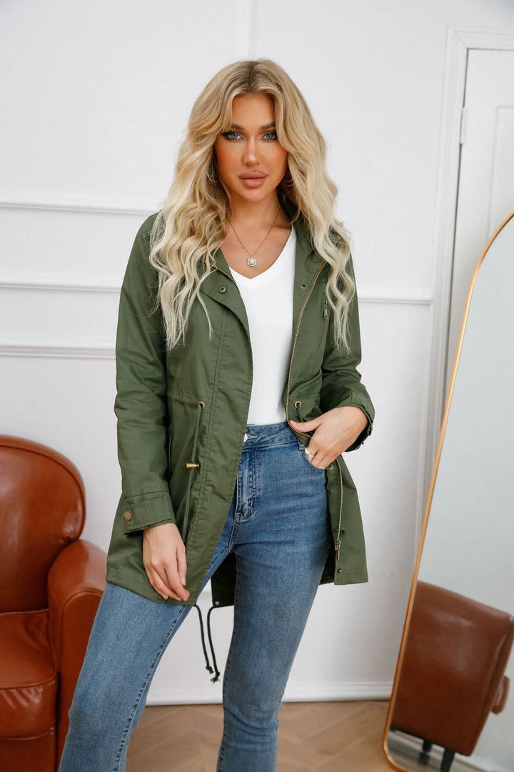 Women's Hooded Rain Jacket with Drawstring Waist & Zip Front | Long