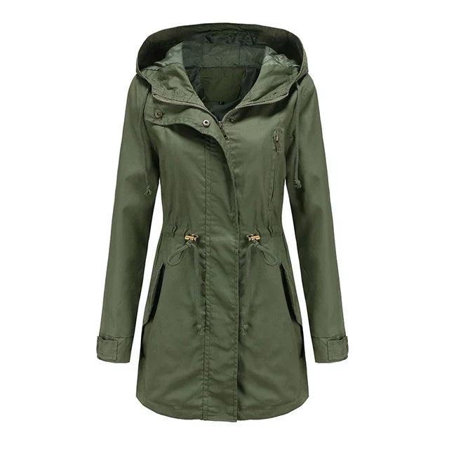 Women's Hooded Rain Jacket with Drawstring Waist & Zip Front | Long