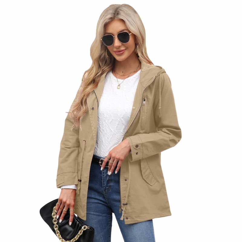 Women's Hooded Rain Jacket with Drawstring Waist & Zip Front | Long