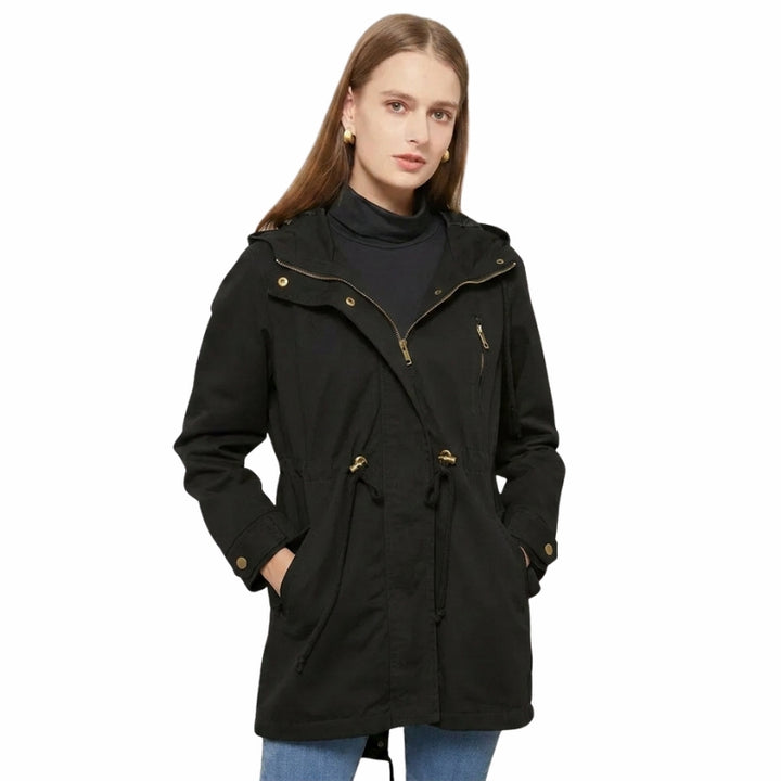Women's Hooded Rain Jacket with Drawstring Waist & Zip Front | Long