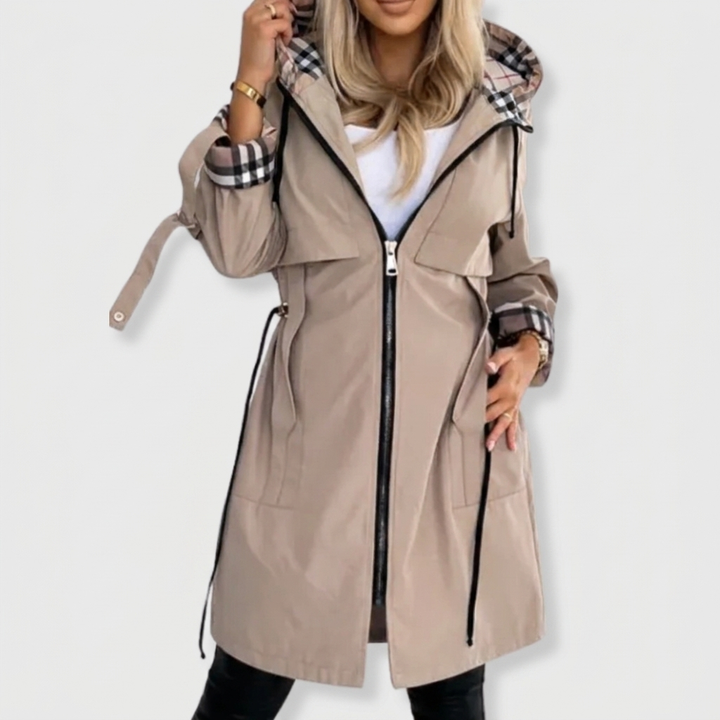 Women's Hooded Rain Jacket with Plaid Lining & Zip Up | Long