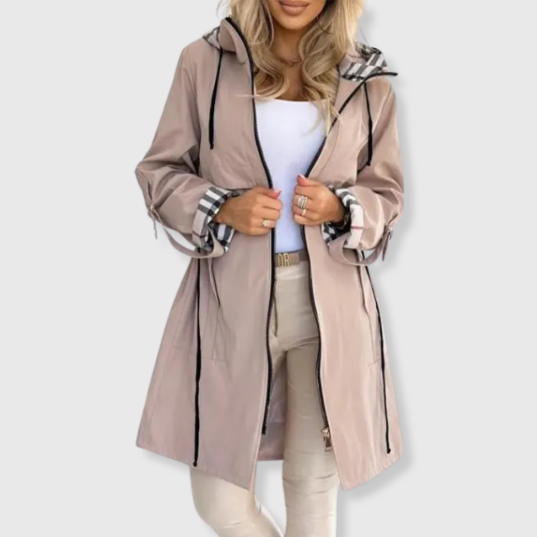 Women's Hooded Rain Jacket with Plaid Lining & Zip Up | Long