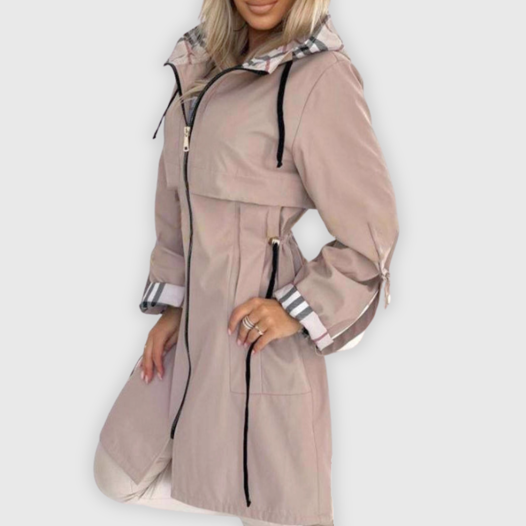 Women's Hooded Rain Jacket with Plaid Lining & Zip Up | Long