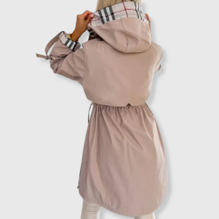 Women's Hooded Rain Jacket with Plaid Lining & Zip Up | Long