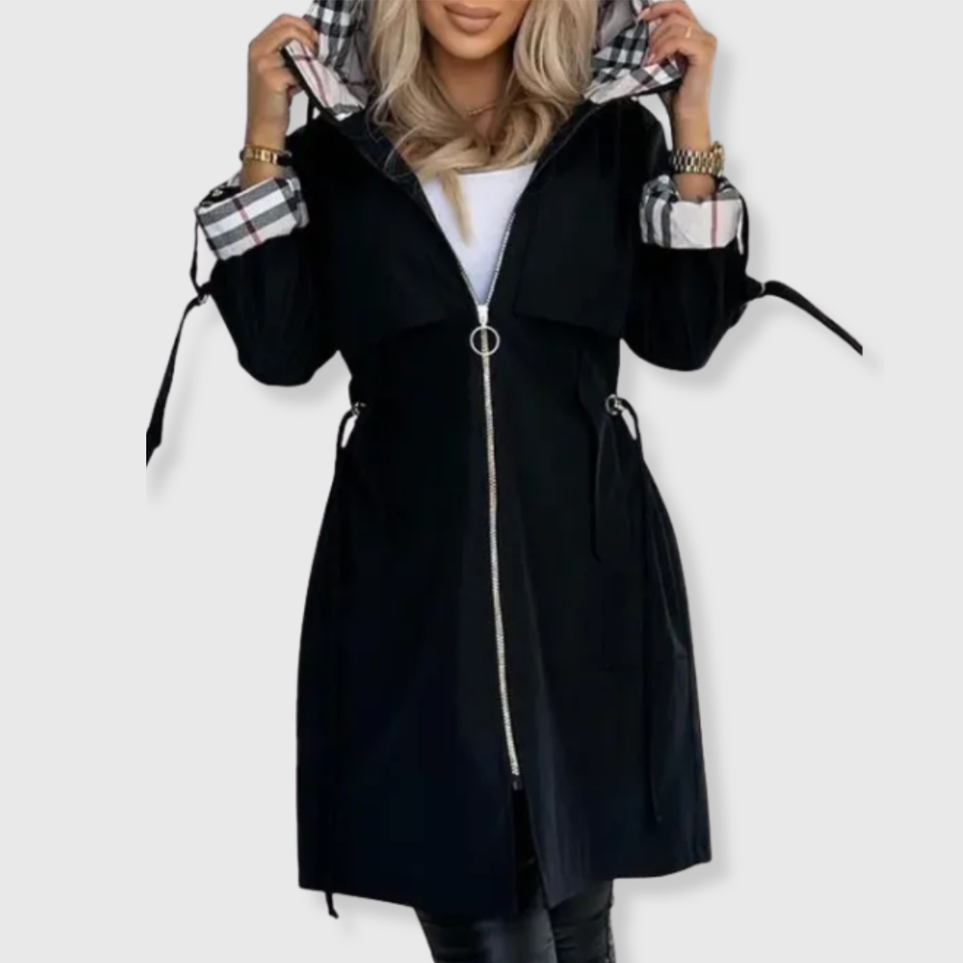 Women's Hooded Rain Jacket with Plaid Lining & Zip Up | Long