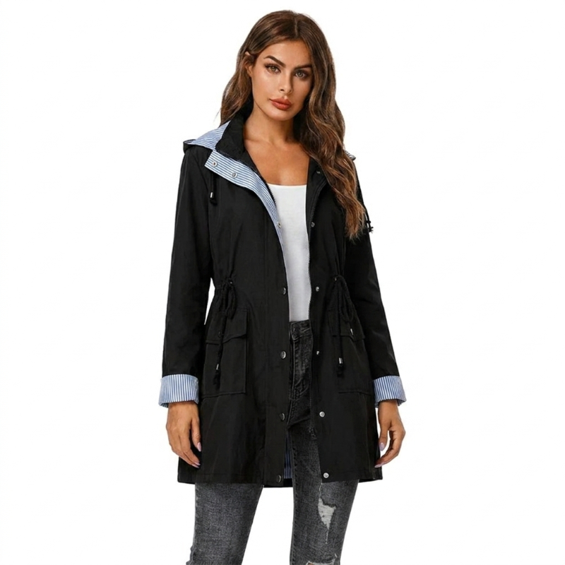 Women's Hooded Rain Jacket with Snap Front & Striped Lining | Long